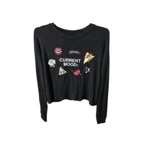 Bershka Black Graphic Floral Long Sleeve Top Lipstick & Heart Print Sz M READ